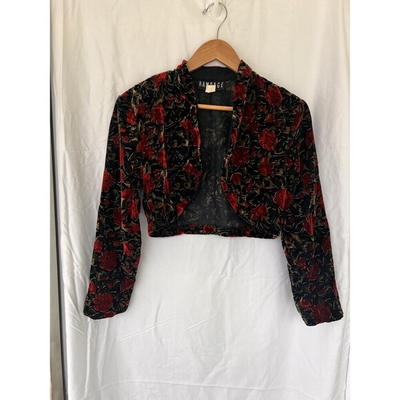 Vintage ‘90s Rampage Black Velvet Crushed Floral Print Bolero Evening Jacket S - Picture 1 of 6